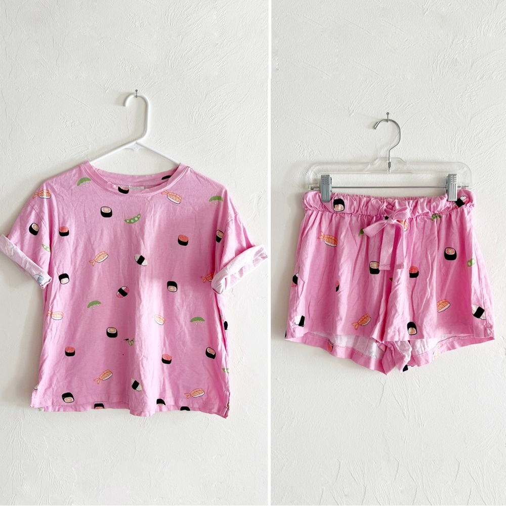 H&M Pink Sushi Pajama Set 2pc Matching PJ Sleep Shorts Shirt Tee Novelty Print S
